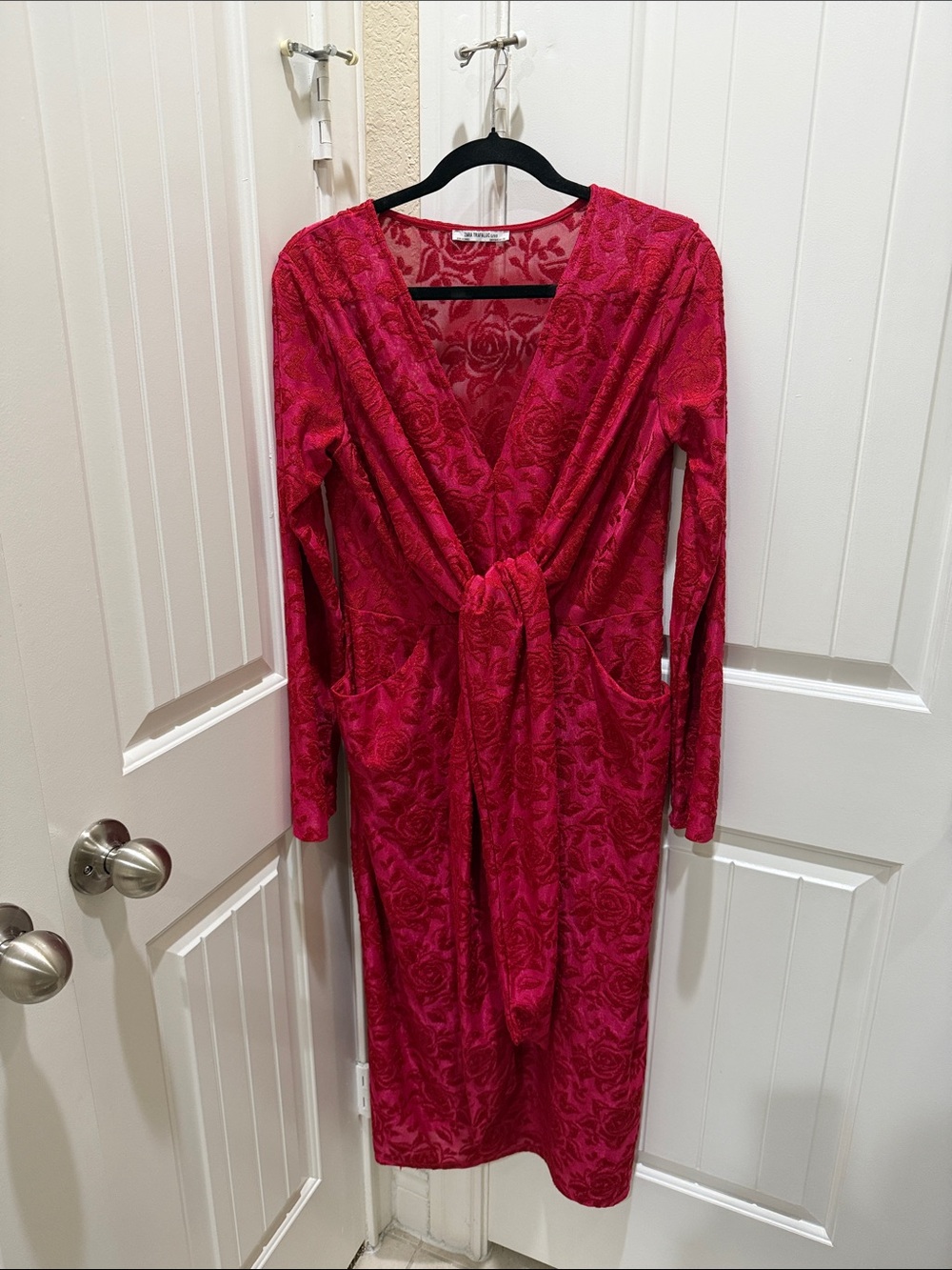 Zara Fuchsia Floral Velvet Long-Sleeve Tie-Front Dress